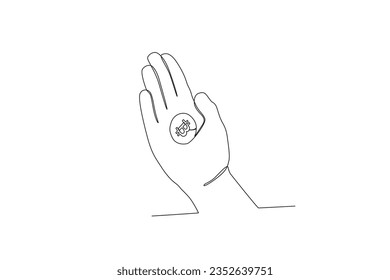 A Bitcoin in the palm. Bitcoin one-line drawing