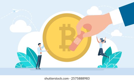 A bitcoin patched with plaster. A cryptocurrency market crash. Man trader saving crypto currency from financial crisis. Finance and trading. Vector illustration.