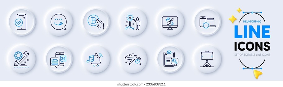 Bitcoin pay, Alarm sound and Project edit line icons for web app. Pack of Repair, Selfie stick, Spanner pictogram icons. Food app, Search flight, Approved phone signs. Yummy smile. Vector