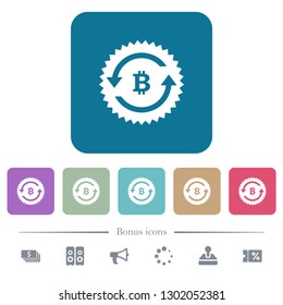 Bitcoin pay back guarantee sticker white flat icons on color rounded square backgrounds. 6 bonus icons included