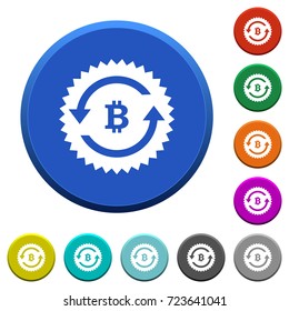 Bitcoin pay back guarantee sticker round color beveled buttons with smooth surfaces and flat white icons