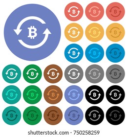 Bitcoin pay back multi colored flat icons on round backgrounds. Included white, light and dark icon variations for hover and active status effects, and bonus shades on black backgrounds.