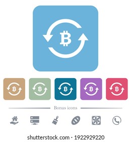 Bitcoin pay back white flat icons on color rounded square backgrounds. 6 bonus icons included