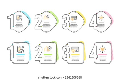 Bitcoin pay, Decreasing graph and Change card icons simple set. Parcel delivery sign. Mobile payment, Column chart, Payment method. Logistics service. Infographic timeline. Line bitcoin pay icon