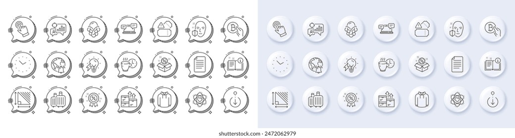 Bitcoin pay, File and Electricity bulb line icons. White pin 3d buttons, chat bubbles icons. Pack of Internet chat, Time, Internet notification icon. Vector