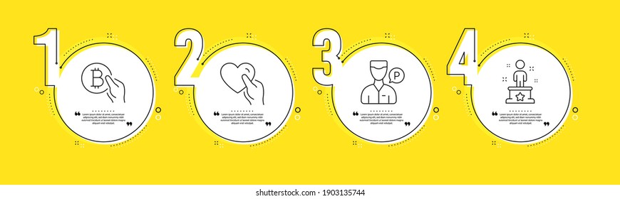 Bitcoin Pay, Hold Heart And Valet Servant Line Icons Set. Timeline Process Infograph. Success Sign. Cryptocurrency Coin, Friendship, Parking Man. Winner Person. People Set. Vector