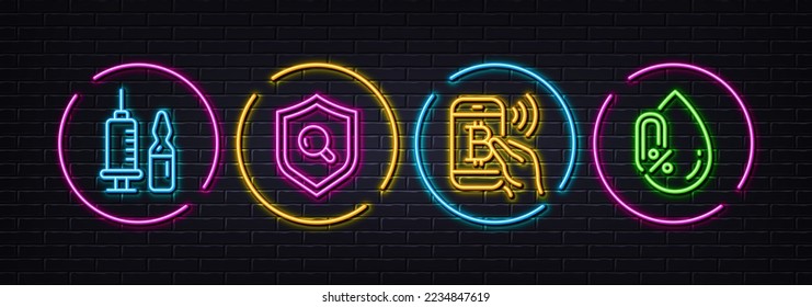 Bitcoin pay, Inspect and Medical vaccination minimal line icons. Neon laser 3d lights. No alcohol icons. For web, application, printing. Mobile payment, Protection shield, Syringe vaccine. Vector