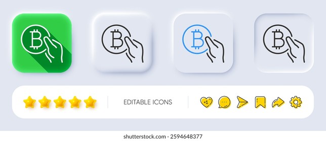 Bitcoin pay line icon. Neumorphic, Flat shadow, 3d buttons. Cryptocurrency coin sign. Crypto money symbol. Line bitcoin pay icon. Social media icons. Vector