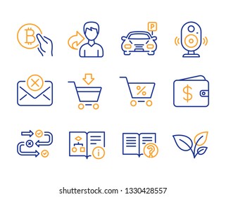 Bitcoin pay, Parking and Share icons simple set. Survey progress, Special offer and Dollar wallet signs. Help, Reject mail and Online market symbols. Technical algorithm, Speaker and Leaves. Vector
