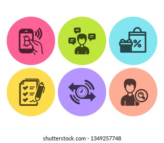 Bitcoin pay, Timer and Survey checklist icons simple set. Shopping, Conversation messages and Search people signs. Mobile payment, Stopwatch. Flat bitcoin pay icon. Circle button. Vector