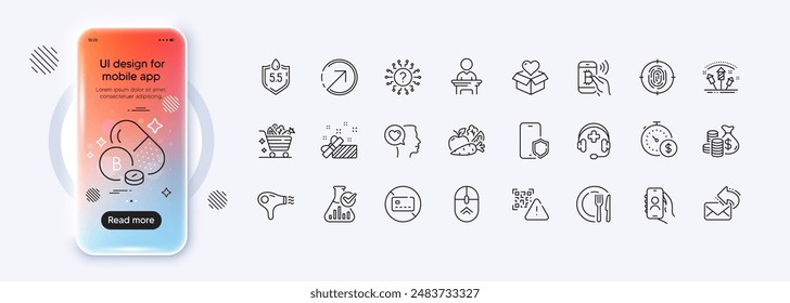 Bitcoin pay, Vegetables and Fireworks rocket line icons for web app. Phone mockup gradient screen. Pack of Boron mineral, Last minute, Donation pictogram icons. Vector