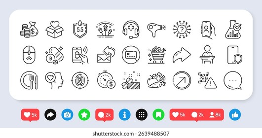 Bitcoin pay, Vegetables and Fireworks rocket line icons pack. Social media: share, comment, like icons. Boron mineral, Last minute, Donation web icon. Vector