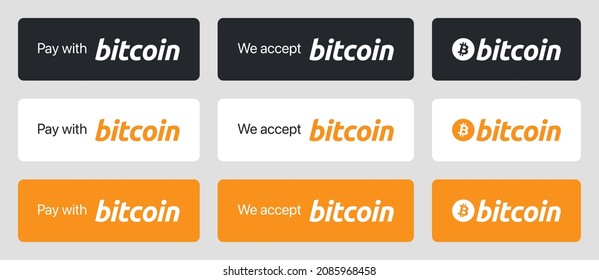 Bitcoin Payment Banner, Button or Icon Set. Payment Method Badges for Accepting Bitcoin Cryptocurrency Payments. Pay with Bitcoin or We Accept Bitcoin Buttons or Icons
