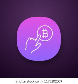 Bitcoin payment button app icon. Pay with bitcoin. Cryptocurrency transaction click. UI/UX user interface. Hand pressing button. E-payment. Web or mobile application. Vector isolated illustration
