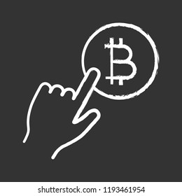 Bitcoin payment button chalk icon. Pay with bitcoin. Cryptocurrency transaction click. Hand pressing button. E-payment. Isolated vector chalkboard illustration