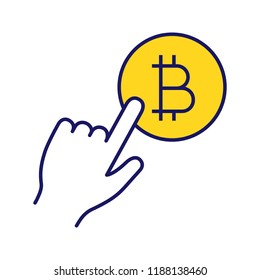Bitcoin payment button color icon. Pay with bitcoin. Cryptocurrency transaction click. Hand pressing button. E-payment. Isolated vector illustration