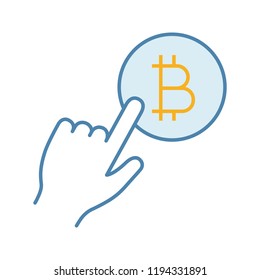 Bitcoin payment button color icon. Pay with bitcoin. Cryptocurrency transaction click. Hand pressing button. E-payment. Isolated vector illustration
