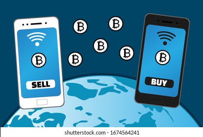 Pago de bitcoin yendo de un teléfono a otro. smartphones en blanco y negro con iconos de bitcoin criptodivisa y símbolo wifi y con botones SELL y BUY en el fondo del planeta Tierra.
