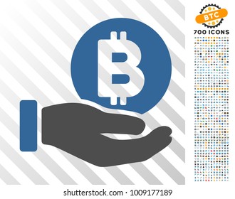 Bitcoin Payment Hand icon with 700 bonus bitcoin mining and blockchain design elements. Vector illustration style is flat iconic symbols designed for crypto currency apps.