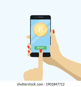 Bitcoin Zahlung Internet Shopping Wohnung Illustration. Kaufen Sie Bitcoin. Hand hält Smartphone mit Bitcoin, kaufen Taste. Bezahlen Sie pro Klick nach Währung. Flache Vektorgrafik für Unternehmen, Webbanner, Website-Design.