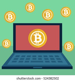 Bitcoin payment method, bitcoin money with laptop and gold coin falling from sky