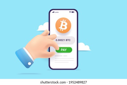 Bitcoin payment on smartphone - Hand paying with bitcoin app on mobile phone, pushing pay button. 3d Vector illustration.