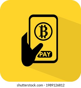 Bitcoin-Zahlung. Bezahlen Sie online mit Kryptowährung. Das Symbol für eine digitale Transaktions-App. Kryptowallet-Zeichen. Unberührter Geldtransfer. Handy. Schwarz-Gelb-Vektorgrafik.