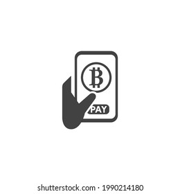 Bitcoin payment. Pay online with cryptocurrency. Digital transaction app icon. Crypto wallet sign. Contactless money transfer. Mobile phone hand. Black and white color vector illustration.