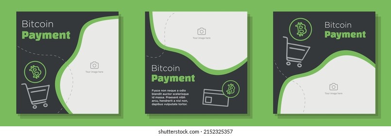 Bitcoin Payment Social Media Post, Banner Set, Crypto Valuta Paying Advertisement Concept, Digital Money Wallet Marketing Square Ad, Abstract Print, Isolated On Background.