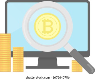 Bitcoin, PC and magnifying glass