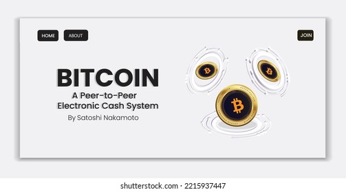 Bitcoin is a Peer-to-Peer Electronic Cash System by Satoshi Nakamoto. web template with text BITCOIN and 3 golden BTC coin in the display. Vector illustration of Crypto banner.