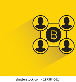 bitcoin y red de personas para el icono de concepto descentralizado en fondo amarillo