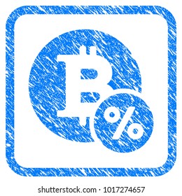 Bitcoin Percent rubber seal stamp watermark. Icon vector symbol with grunge design and corrosion texture inside rounded square. Scratched blue sign on a white background.