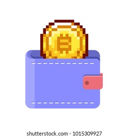 Bitcoin. Physical bit coin. Digital currency. Cryptocurrency. Golden coin with bitcoin symbol. Bitcoin with flat design and pixel art style. stock vector illustration.