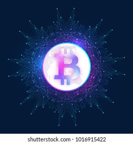 Bitcoin. Physical Bit Coin. Bitcoin Digital Currency Coin Damage World Finance System. Cryptocurrency. Virtual Money. World Map Point Background. Vector Illustration