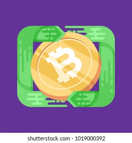 Bitcoin. Physical bit coin. Digital currency. Cryptocurrency. Golden coin with bitcoin symbol. Bitcoin with flat design style. stock vector illustration.