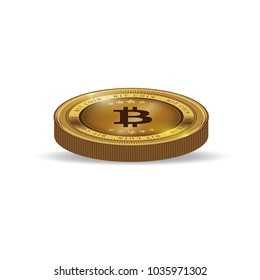 Bitcoin. Physical bit coin. Digital currency. Crypt currency. Golden coin with bitcoin symbol isolated on white background