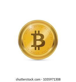 Bitcoin. Physical bit coin. Digital currency. Crypt currency. Golden coin with bitcoin symbol isolated on white background