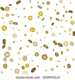 Bitcoin. Physical bit coin. Digital currency. Cryptocurrency. Golden coin with bitcoin symbol isolated on white background. Gold confetti concept