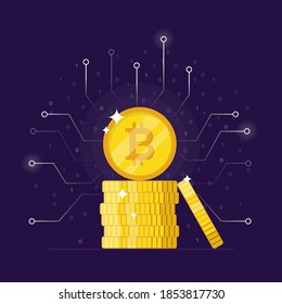 Bitcoin physical bit coin. Digital currency in a blue background. Cryptocurrency. Golden coin for online funding and making investments for bitcoin and blockchain. Vector illustration
