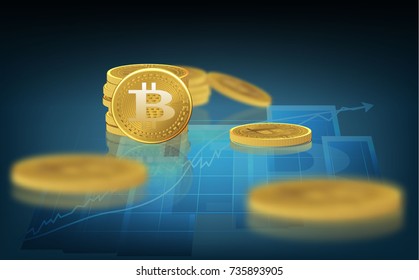 Bitcoin. Physical bit coin. A digital currency. The cryptocurrency. Gold coin with the bitcoin symbol. On the chart of the course of the sale. Vector illustration.