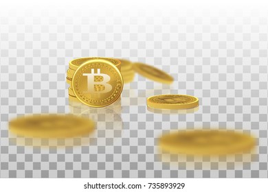 Bitcoin. Physical bit coin. A digital currency. The cryptocurrency. Gold coin with the bitcoin symbol isolated on a transparent background. Stock vector illustration.