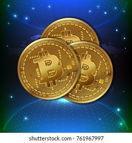 Bitcoin. Physical bit coin. Digital currency. Cryptocurrency. Golden coin with bitcoin symbol. Stock vector illustration for using in web projects or mobile applications.