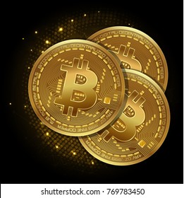 Bitcoin. Physical bit coin. Digital currency. Cryptocurrency. Golden coin with bitcoin symbol. Vector illustration on a dark futuristic digital background