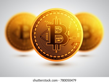 Bitcoin. Physical bit coin. Digital currency.  Golden coin with bitcoin symbol. Vector illustration. Mining or blockchain technology for cryptocurrency.