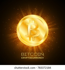Bitcoin. Physical bit coin. Digital currency. Cryptocurrency. Golden coin with bitcoin symbol.
