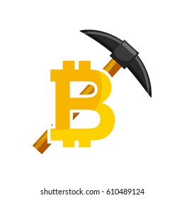 bitcoin and pick tool over white background. colorful design. vector illustration