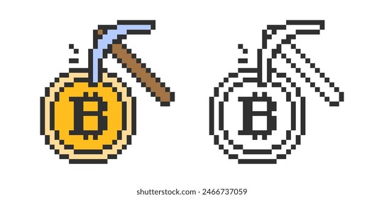 Bitcoin with pickaxe in pixel style on white background