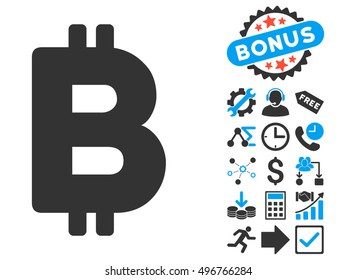Bitcoin pictograph with bonus pictures. Vector illustration style is flat iconic bicolor symbols, blue and gray colors, white background.
