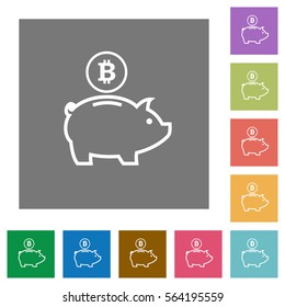 Bitcoin piggy bank flat icons on simple color square backgrounds
